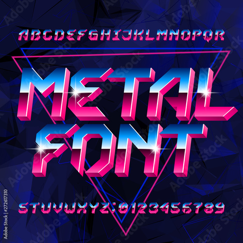 80s Metal alphabet font. Letters, numbers and symbols on abstract background. Stock vector typescript font for your design in retro 80s style.