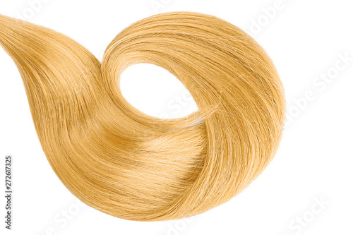 Blond hair isolated on white background. Long wavy ponytail