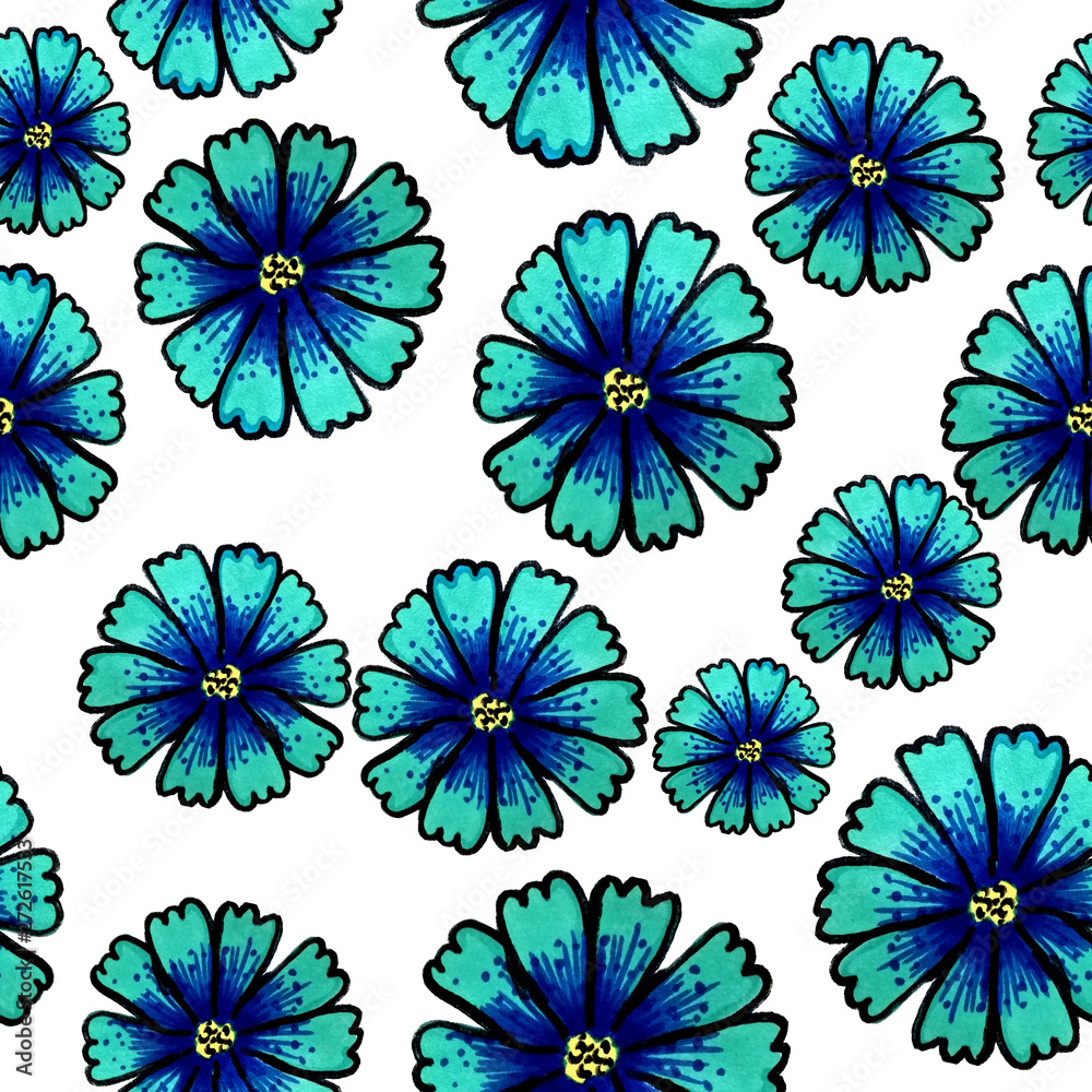 Flowering cornflowers seamless pattern. Delicate wildflowers. Print for fabric and other surfaces. Cornflowers painted by hand with markers. Abstract summer pattern