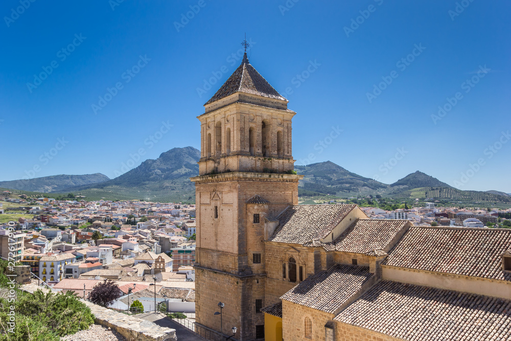 Church tower and surrounding landscape of Alcaudete, Spain