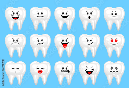 Vector set of tooth emoticons. Collection of characters of teeth with different emotions in cartoon style on blue background.