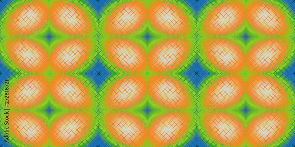 Fototapeta premium Seamless endless repeating multicolored bright ornament in green, blue, orange and white colors