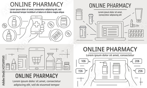 Online pharmacy banner set. Outline set of online pharmacy vector banner for web design