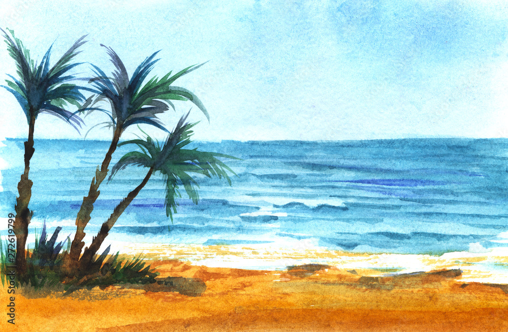 Tropical sea coast. Azure sea, blue sky. Bright sand. Three dark silhouettes of a palm tree. Tropical sea coast. Azure sea, blue sky. Bright sand. Three dark silhouettes of a palm tree.