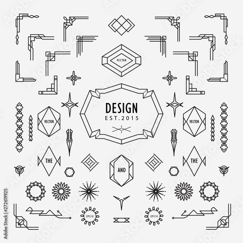 set of vintage geometric shape linear thin line art deco retro design elements with frame corner badge