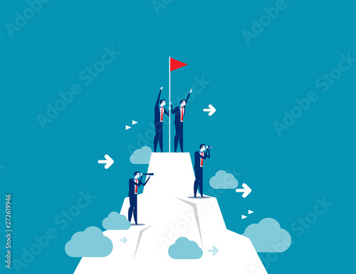 People standing on mountain peak with winner flag. Concept business vector illustration, Success Teamwork, Consulting, Looking and Searching.