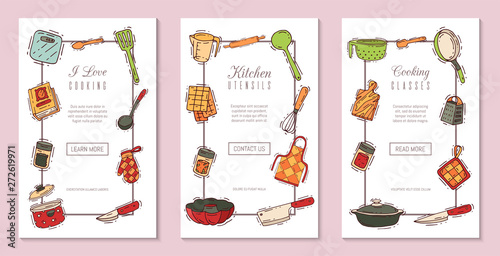 Cooking classes equipment banner vector kitchenware or cookware for food with kitchen utensil cutlery and plate illustration. Dishware and frying-pan or pot househol culinary school. House appliance.