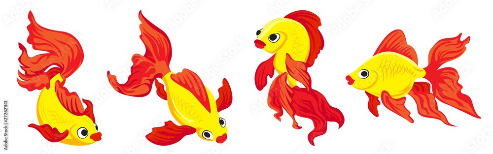 Fototapeta premium Zestaw ikon złota rybka. Kreskówka zestaw ikon wektorowych goldfish do projektowania stron internetowych