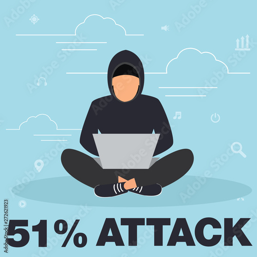 51 attack concept flat criminal illustration of hacker coding bug to hack a blockchain network. Faceless thief or hacker stealing crypto currency like bitcoin or another blockchain-based currency.