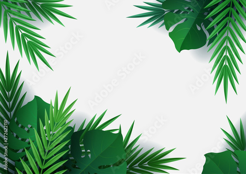 Hello summer, summertime. Background of tropical plants. Palm leaves, jungle leaf. The poster for sale and an advertizing sign. Vector