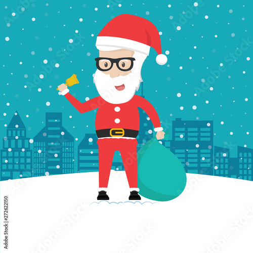 Happy Santa Claus with gifts and the bell on Christmas eve.
