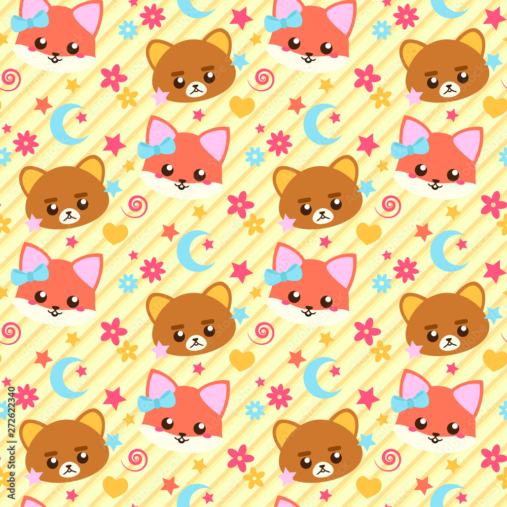 Fototapeta premium Seamless japanese pattern with cute funny animals
