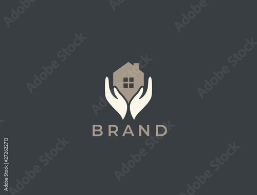 Abstract house hands logo design template. Real estate sign. Universal protection home care icon. Insurance, house care, service logo template.