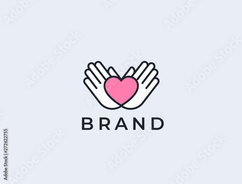 Hands with heart logo. Love, care, sharing, charity, medicine symbol. Valentines day logotype. Abstract medical health logo. Foundation logotype.