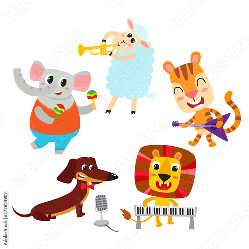 Collection of cartoon animals with muzical instruments isolated on white.