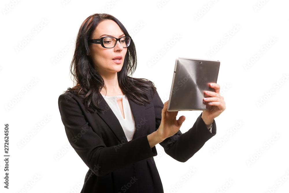 Portrait of business woman in eyeglasses holding tablet computer Portrait of business woman in eyeglasses holding tablet computer