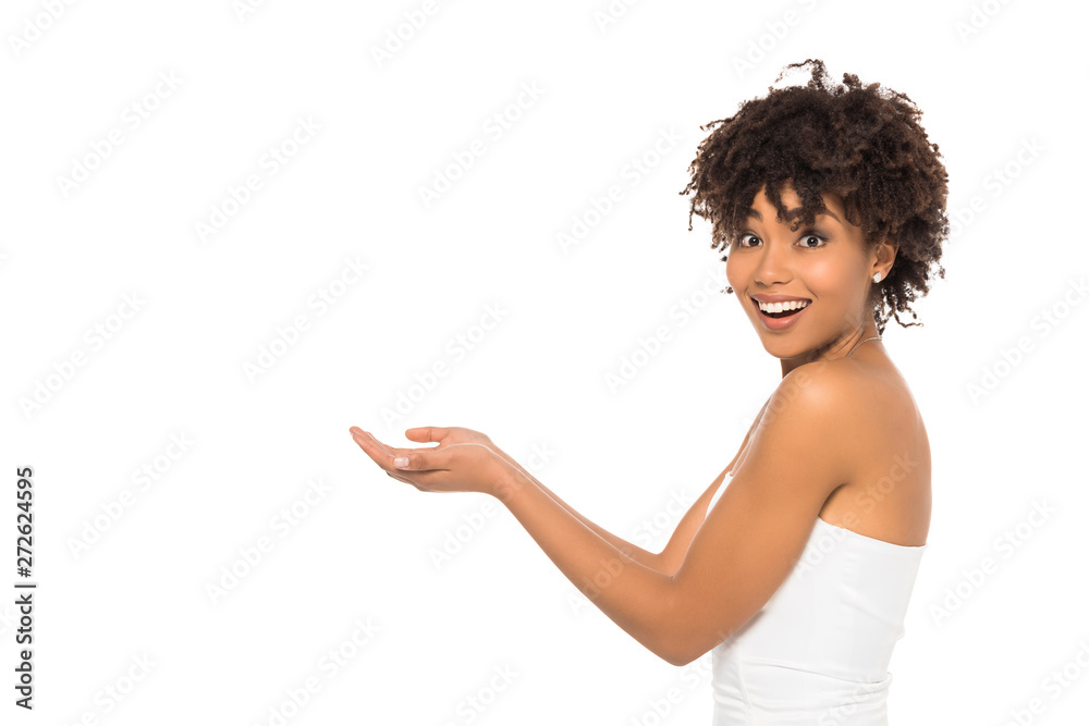 attractive african american bride smiling while gesturing isolated on white attractive african american bride smiling while gesturing isolated on white