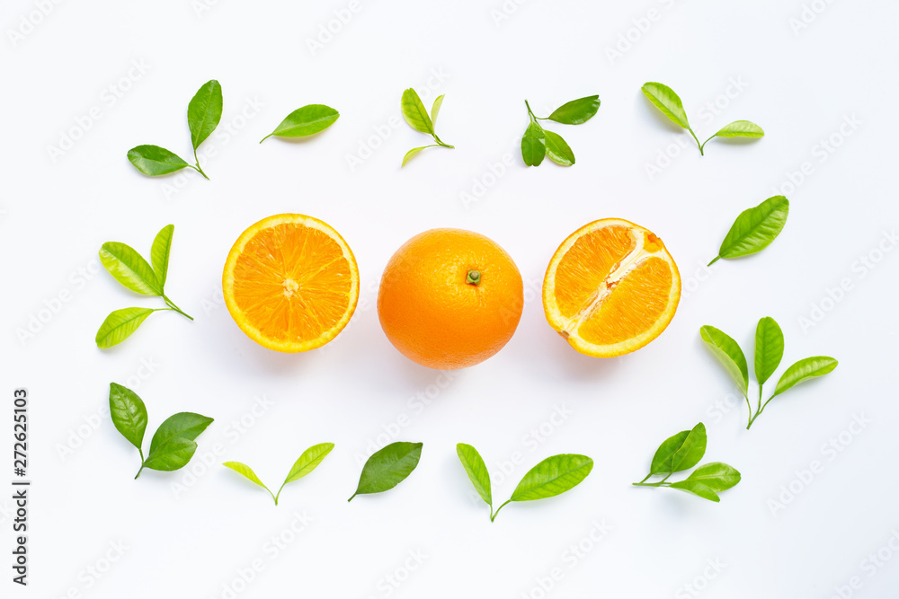 High vitamin C, Juicy and sweet. Fresh orange fruit with green leaves on white. High vitamin C, Juicy and sweet. Fresh orange fruit with green leaves on white.