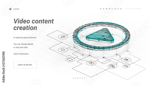 Play button. Sheme,plan,mechanism for create the video. Process of creating a video or film production. Making a film, filmmaking, online course. Low poly wireframe mesh. Plexus lines and points