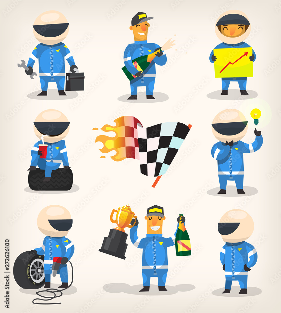 Set of colorful racing participants, champions, engineers and pit stop workers wearing helmets and holding champagne. Isolated vector characters illustrations.