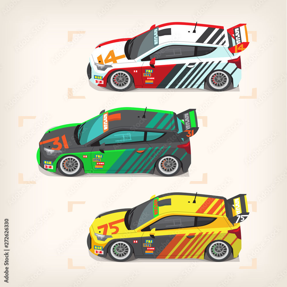 Fototapeta premium Set of colorful fast motor racing cars on a start line. Vector illustrations