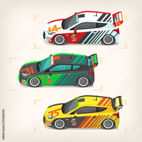 Set of colorful fast motor racing cars on a start line. Vector illustrations