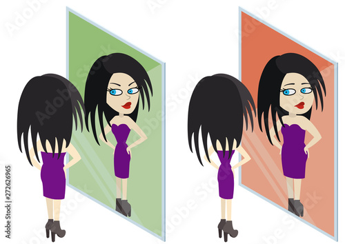 Stout or a slim girl reflected in a mirror. Self-deception or a perception and a weight loss concept/ Illustration a slim girl before a mirror and her stout reflection. Also a contrariwise version photo