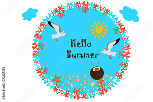  sun, corral, sky, clouds, seagull, starfish, coconut cocktail in a blue circle on a white background