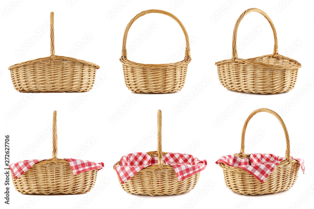 Collage of empty wicker picnic baskets. Isolated.