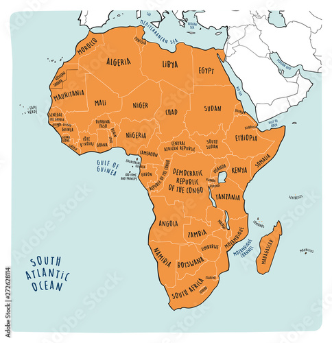 Colorful hand drawn political map of Africa.