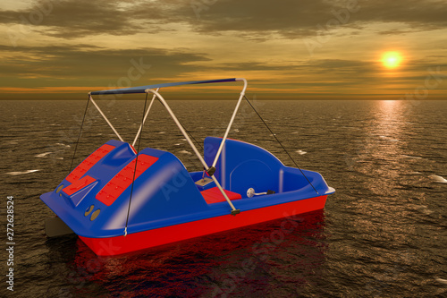 Paddle Boat in sea at sunset, 3D rendering photo