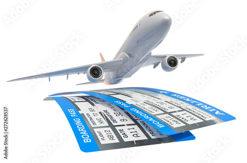 Travel concept. Airplane with two airline boarding pass tickets, 3D rendering