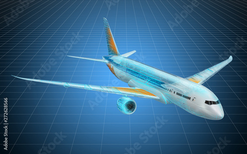 Visualization 3d cad model of airplane  blueprint. 3D rendering