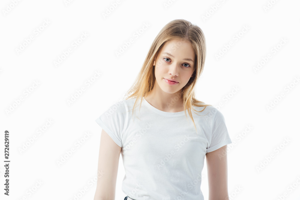 smiling teenage girl in white t-shirt looking at camera isolated on white smiling teenage girl in white t-shirt looking at camera isolated on white
