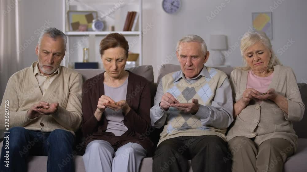 Depressed poor people counting coins, poverty problem, government social support Depressed poor people counting coins, poverty problem, government social support