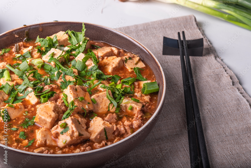 Traditional Chinese dish Mapo tofu with minced meat and tofu cheese in