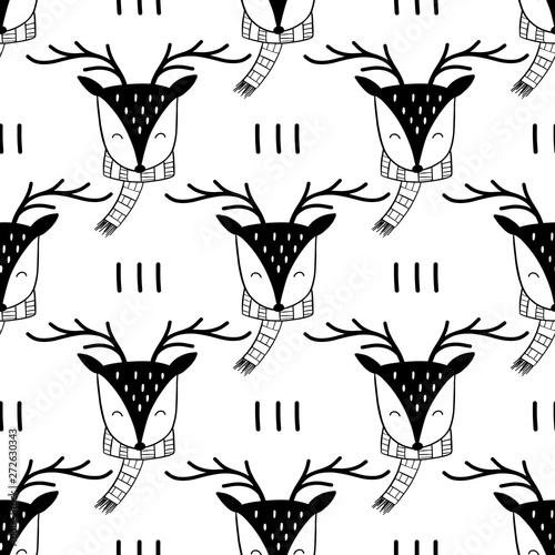 Cute cartoon deer seamless pattern, winter background in Scandinavian style.