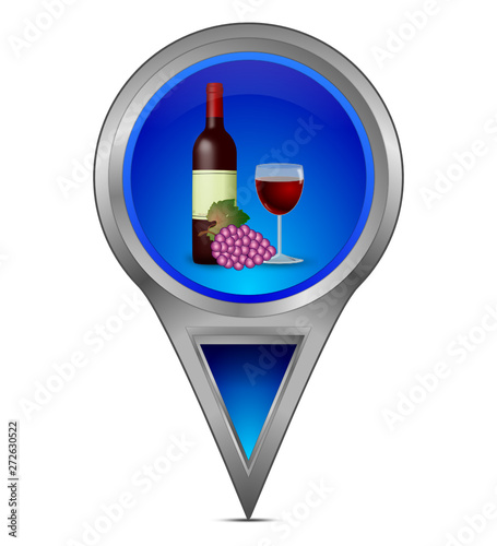 Map pointer with wine bottle, a glass of wine and grapes - illustration