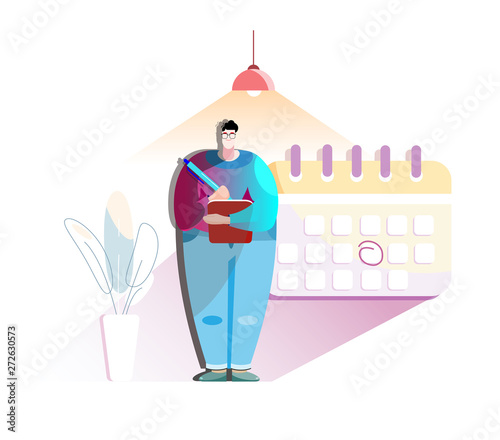 vector illustration. A man planning his day schedule in paper diary notebook. Modern concept for business planning, news and events, reminder and timetable