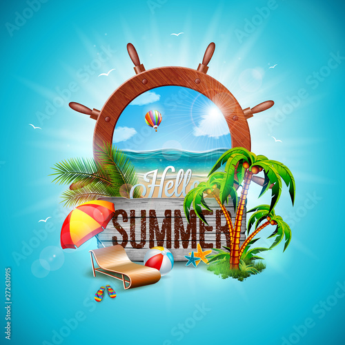 Vector Summer Holiday Illustration with Ship Steering Wheel and Exotic Palm Leaves on Blue Background. Vintage Wood Board, Exotic Plants, Flower, Beach Ball and Sunshade for Banner, Flyer, Invitation