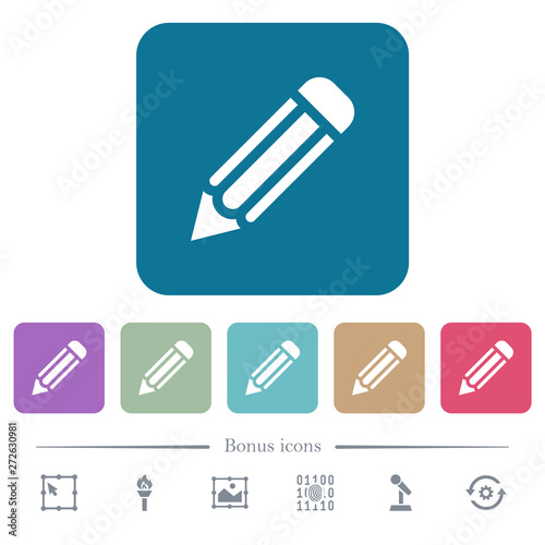 Single pencil flat icons on color rounded square backgrounds