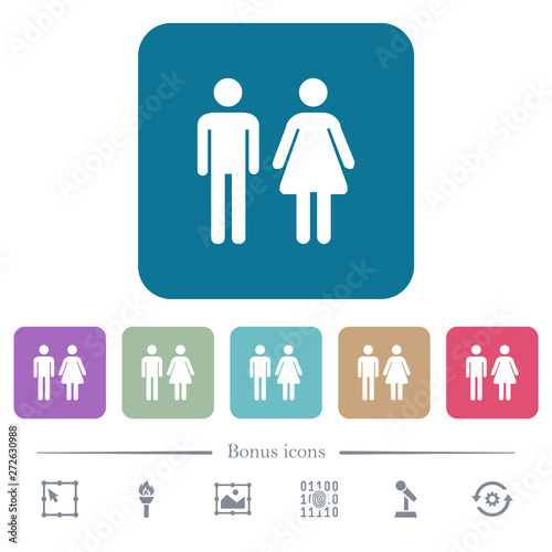 Male and female sign flat icons on color rounded square backgrounds
