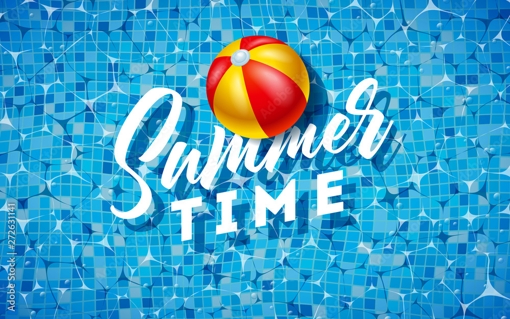 Summer Time Illustration with Beach Ball on Water in the Tiled Pool Background. Vector Summer Holiday Design Template for Banner, Flyer, Invitation, Brochure, Poster or Greeting Card.