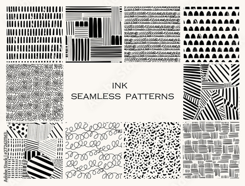 Various lines and shapes. Set of ten black and white abstract seamless patterns. Ink drawing style. Contemporary hand drawn modern trendy vector illustrations. Every pattern is isolated