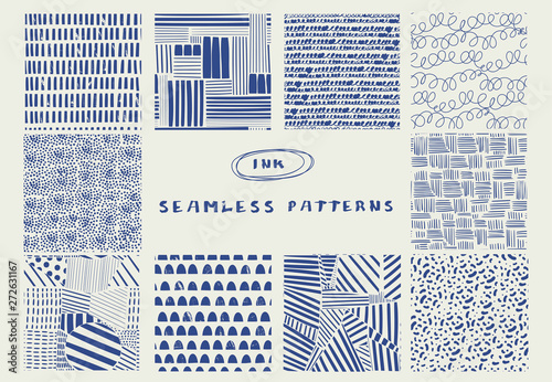 Various lines and shapes. Set of ten blue abstract seamless patterns. Ink drawing style. Contemporary hand drawn modern trendy vector illustrations. Every pattern is isolated