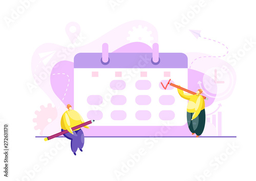 Little people characters make a ?alendar scheduling to organize daily routine. Time management chart graphic to structure deadline meetings, agenda or appointments. Flat vector illustration