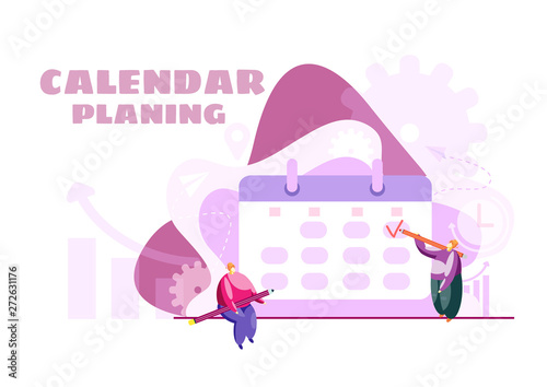 Little people with pencils make calendar planning to organize daily routine. Modern concept for business planning, news and events, reminder and timetable. Flat vector illustration