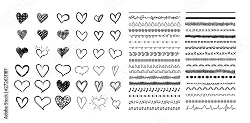 Vector Collection of Hand Drawn Hearts and Cute Divider Lines, Black Drawings Isolated on White Background.