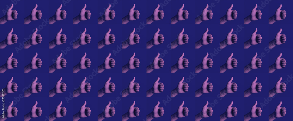 Effect result concepts with hand showing thumb up presents like icons on blue background Effect result concepts with hand showing thumb up presents like icons on blue background