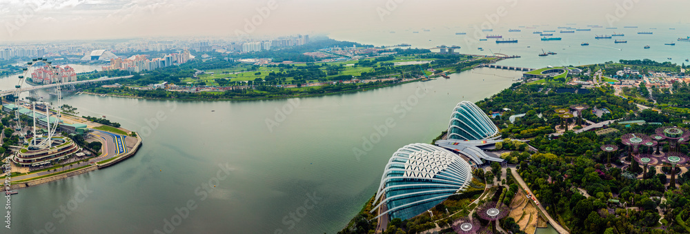 SINGAPORE - APRIL 23, 2019: Panorama of Greenhouses Flower Dome and Cloud Forest at Gardens by the Bay in Singapore